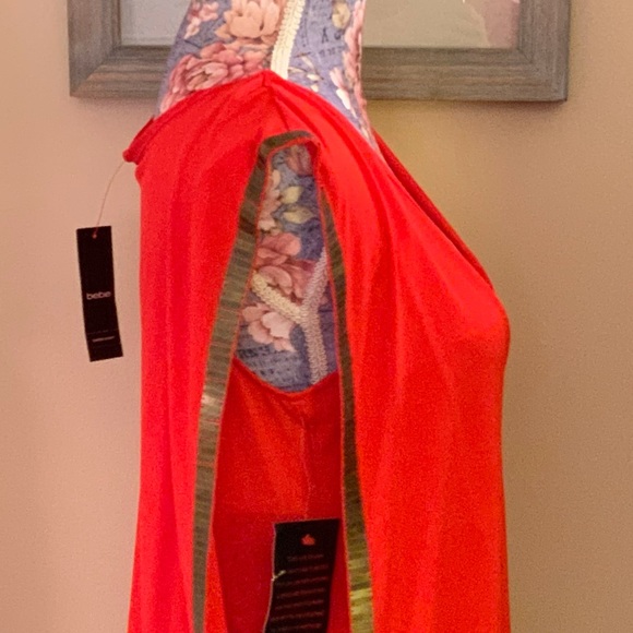 BEBE NWT PARTY DRESS BRIGHT ORANGE WITH GOLD DETAIL SIZE MEDIUM. - Picture 5 of 10